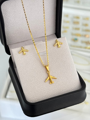 Conjunto avión (cadena vintage 1.1mm 45cms + dije avión + aretes avión)