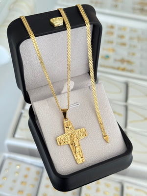Conjunto cruz buen pastor (cadena y pulsera China it 3mm 65cms / 19.7 cms + dije)