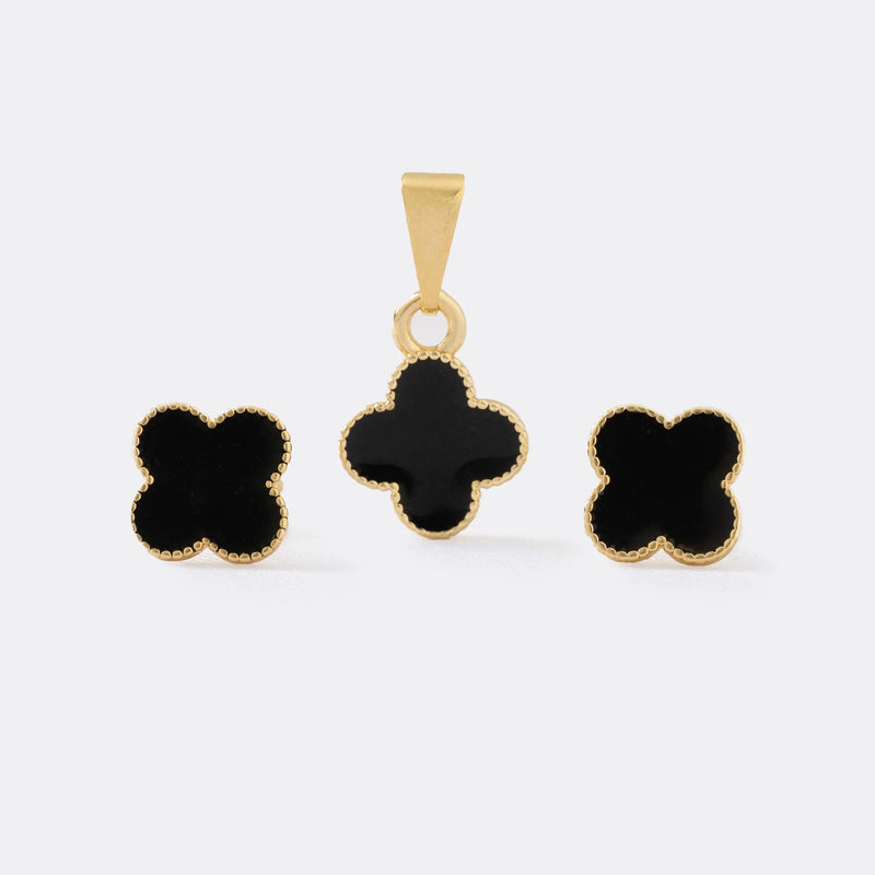 Conjunto Clover Negro 1cms (Topos + cadena y dije)