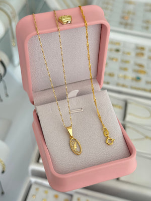 Conjunto virgen niña cristal (cadena Singapur it 1.2mm 45cms + pulsera Singapur 1.5mm 16cms + dije)