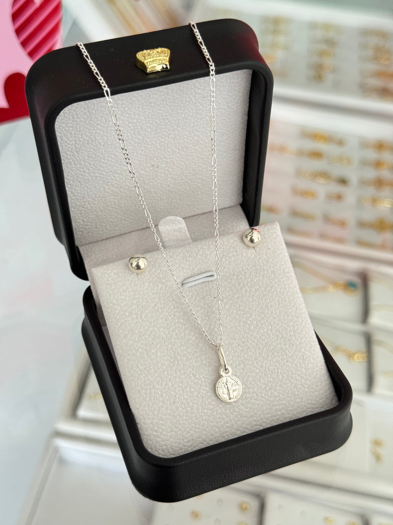 Conjunto mini san Benito (cadena 3x1 1.4mm 45cms + topos balín #6 + dije) Plata ley 925