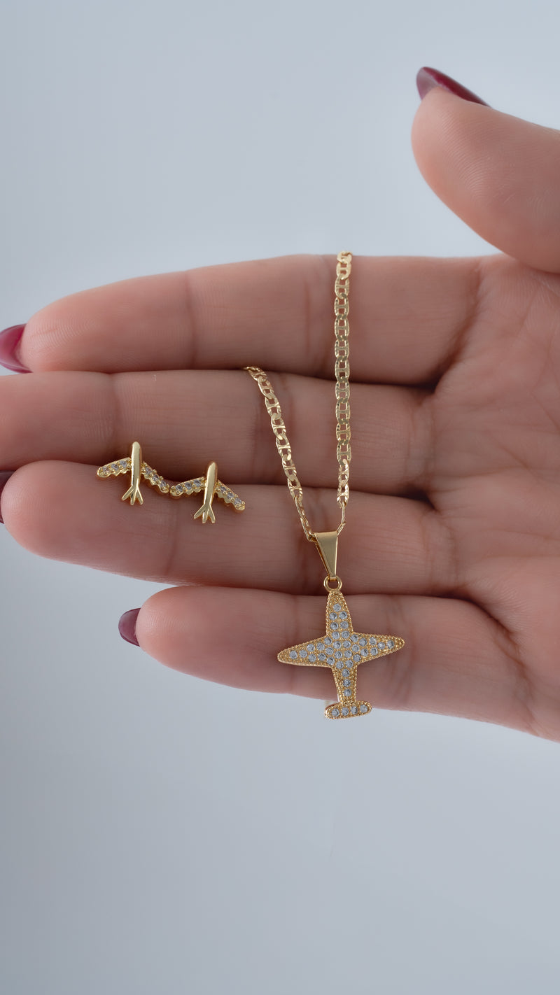 Conjunto airplane (cadena escalerita con destellos it 1.7mm 45cms + arete avión + dije)