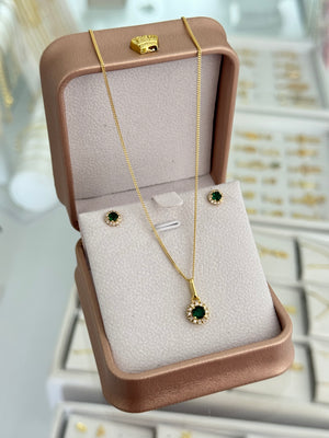 Conjunto royal green (cadena cubanita it 1mm 45cms + dije royal green 8mm + arete royal green 6mm)