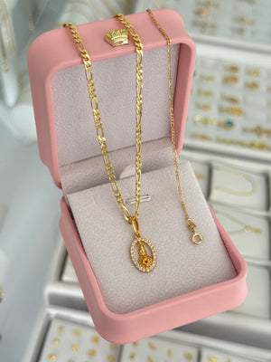 Conjunto sagrado corazón de maría circonias (cadena 3x1 pave 3mm 50cms + pulsera 3x1 it 1.6mm 16cms + dije)