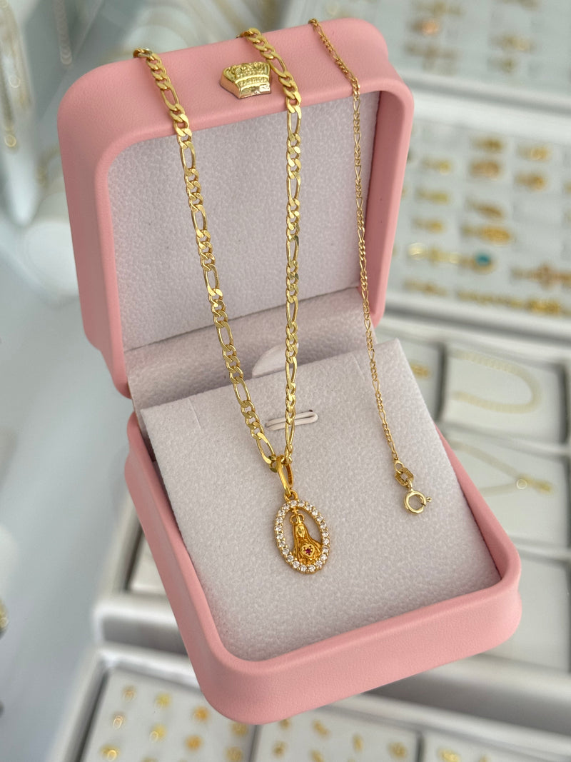 Conjunto sagrado corazón de maría circonias (cadena 3x1 pave 3mm 50cms + pulsera 3x1 it 1.6mm 16cms + dije)