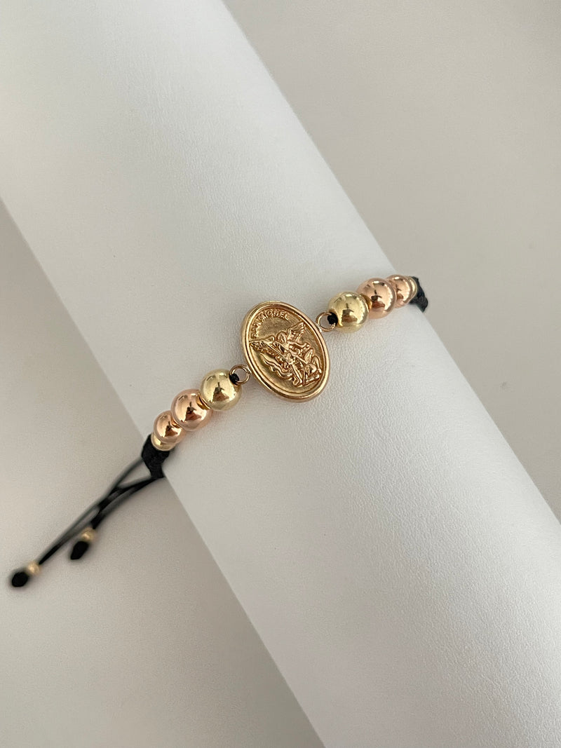 Pulsera san Miguel arcángel 2 oros (6mm rosa,6mm liso, 5mm rosa, 4mm liso)