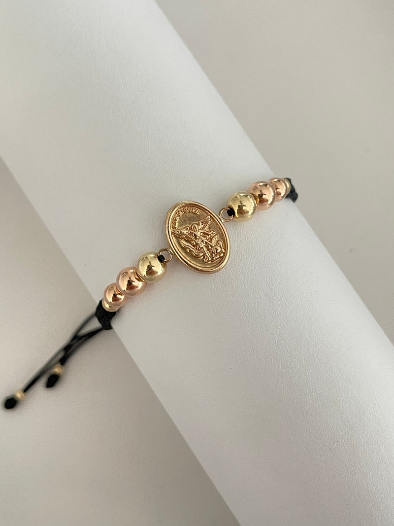 Pulsera san Miguel arcángel 2 oros (6mm rosa,6mm liso, 5mm rosa, 4mm liso)