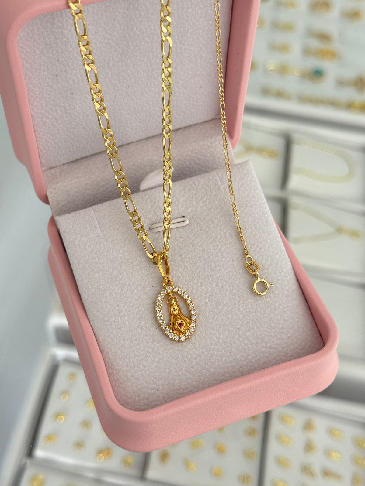 Conjunto sagrado corazón de maría circonias (cadena 3x1 pave 3mm 50cms + pulsera 3x1 it 1.6mm 16cms + dije)