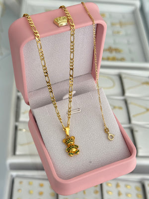 Conjunto green bear ( cadena 3x1 pave 3mm 50cms + pulsera 3x1 it 1.6mm 16cms + dije)