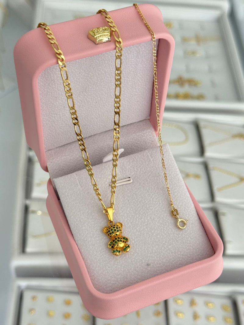 Conjunto green bear ( cadena 3x1 pave 3mm 50cms + pulsera 3x1 it 1.6mm 16cms + dije)