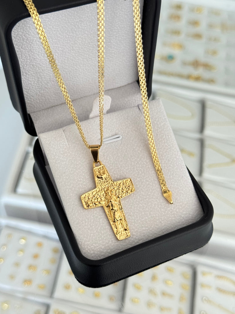 Conjunto cruz buen pastor (cadena y pulsera China it 3mm 65cms / 19.7 cms + dije)