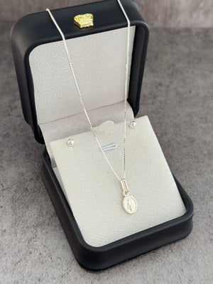 Conjunto mini milagrosa XS 0.8cm ( cadena veneciana 0.8mm 45cms + topos balín #4 + dije) PLATA LEY 925