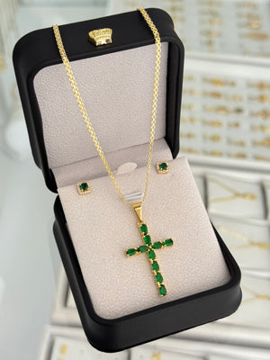 Conjunto esmerald (cadena china it 2mm 65cms + dije cruz esmerald + arete dinasty)