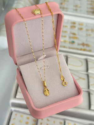 Conjunto Singapur (cadena Singapur it 1.2mm 45cms + pulsera Singapur 1.5mm 16cms + dije milagrosa 12mm)