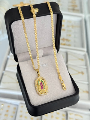 Conjunto medalla de guadalupe colores (cadena y pulsera China it 3mm 65cms / 19,5cms + dije)