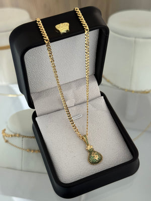 Cadena cuban link IT  3.1mm 65cm + Dije bolsa de dinero verde