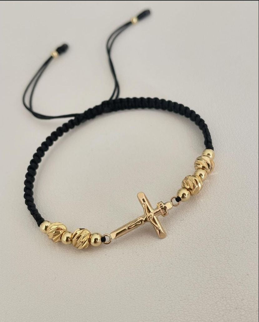 Pulsera Cruz con balines #4 lisos y #5 diamantados