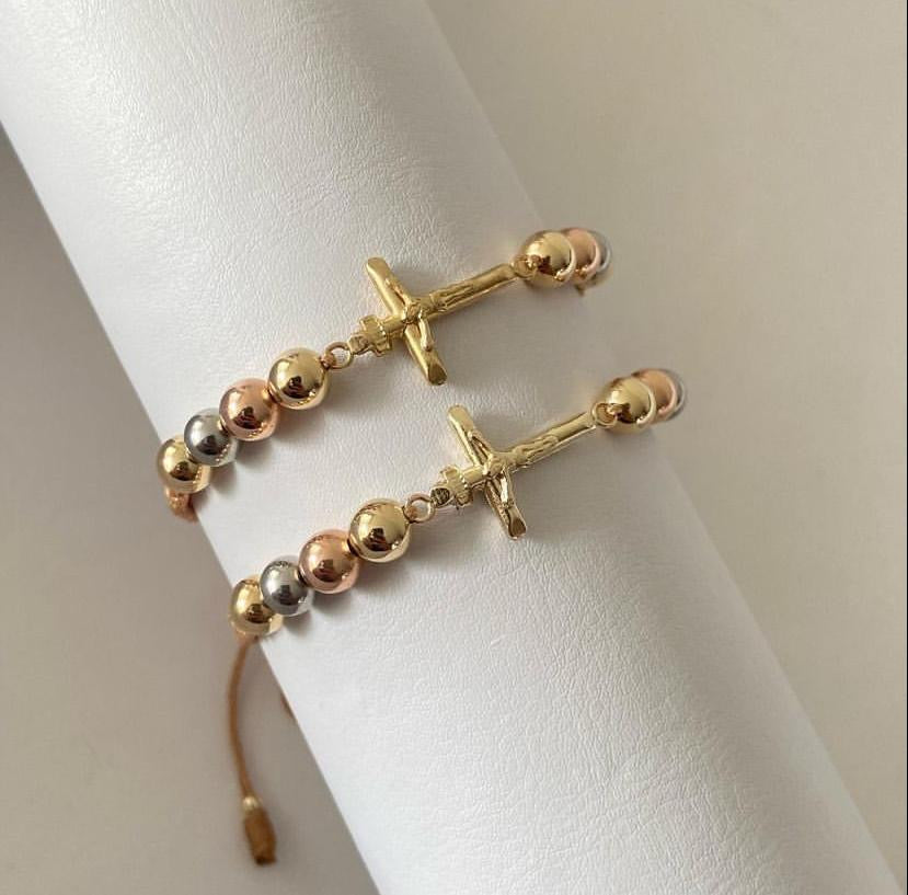 Juego pulsera herraje cruz con balines 3 oros #6. X2