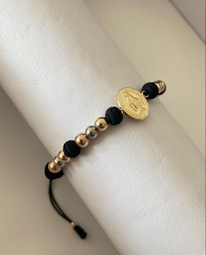 Pulsera herraje milagrosa grande con balines 3 oros #5 y neopreno #6.