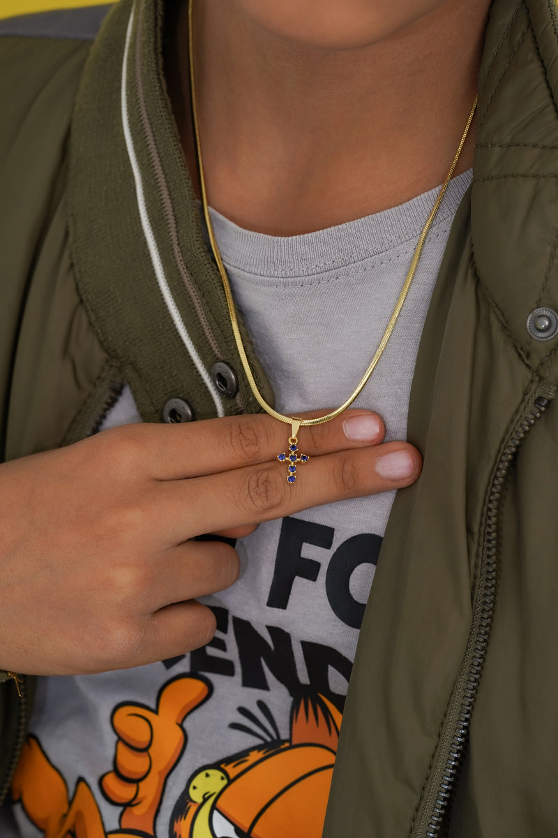 Cadena  serpiente 65 Cms + Dije cruz 6 circonias azul